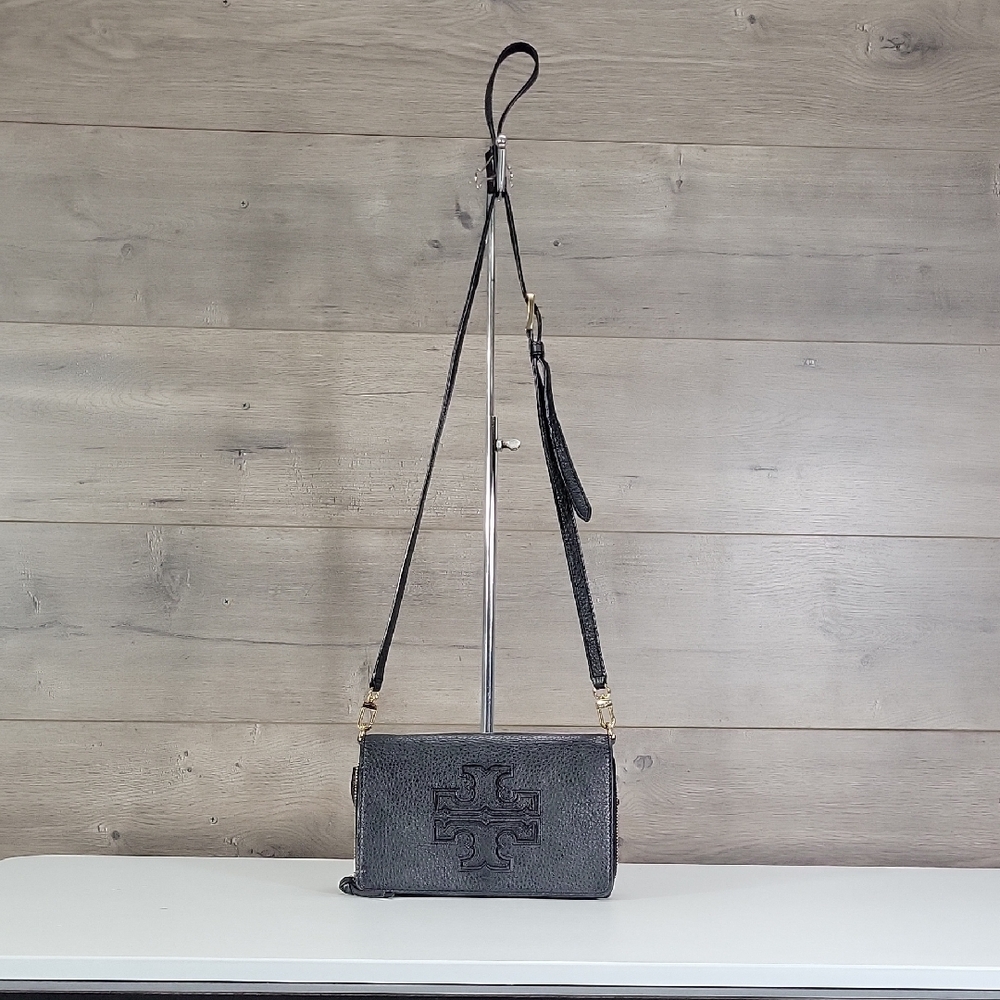 Tory Burch Black Pebbled Leather Flap Front Crossbody Bag